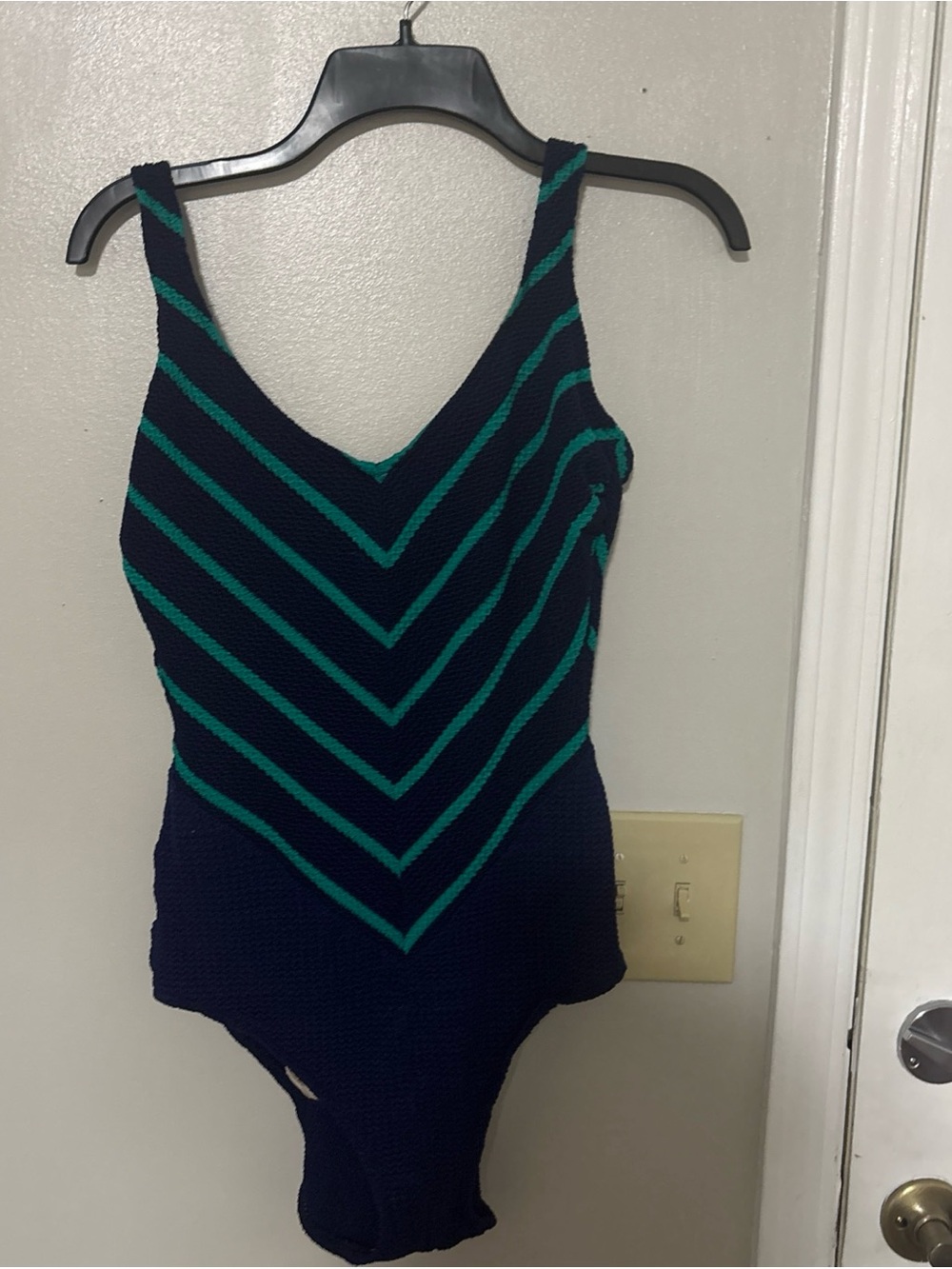 Navy and Teal Striped V-Neck One-Piece Swimsuit